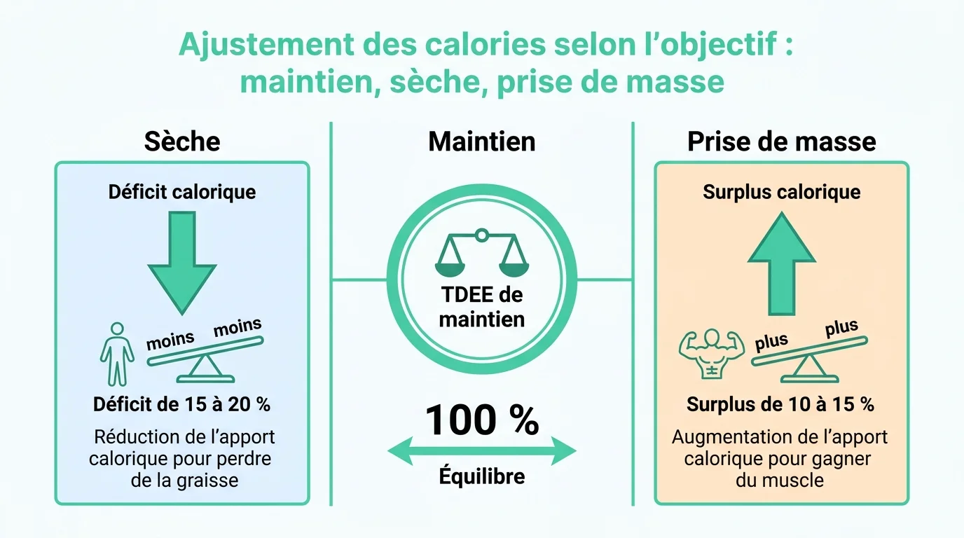 Ajustement des calories selon l'objectif : maintien, seche, prise de masse