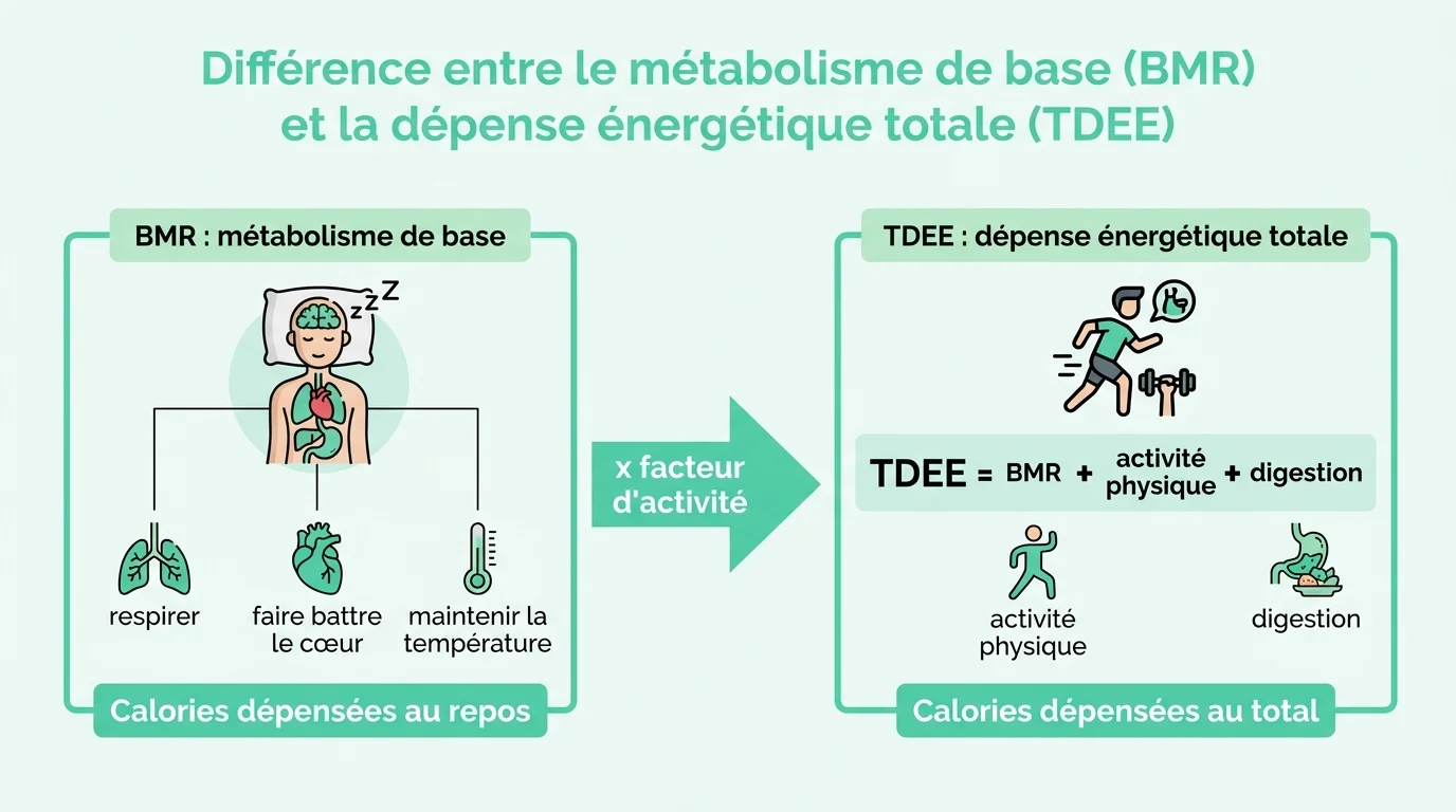 Difference entre le metabolisme de base (BMR) et la depense energetique totale (TDEE)
