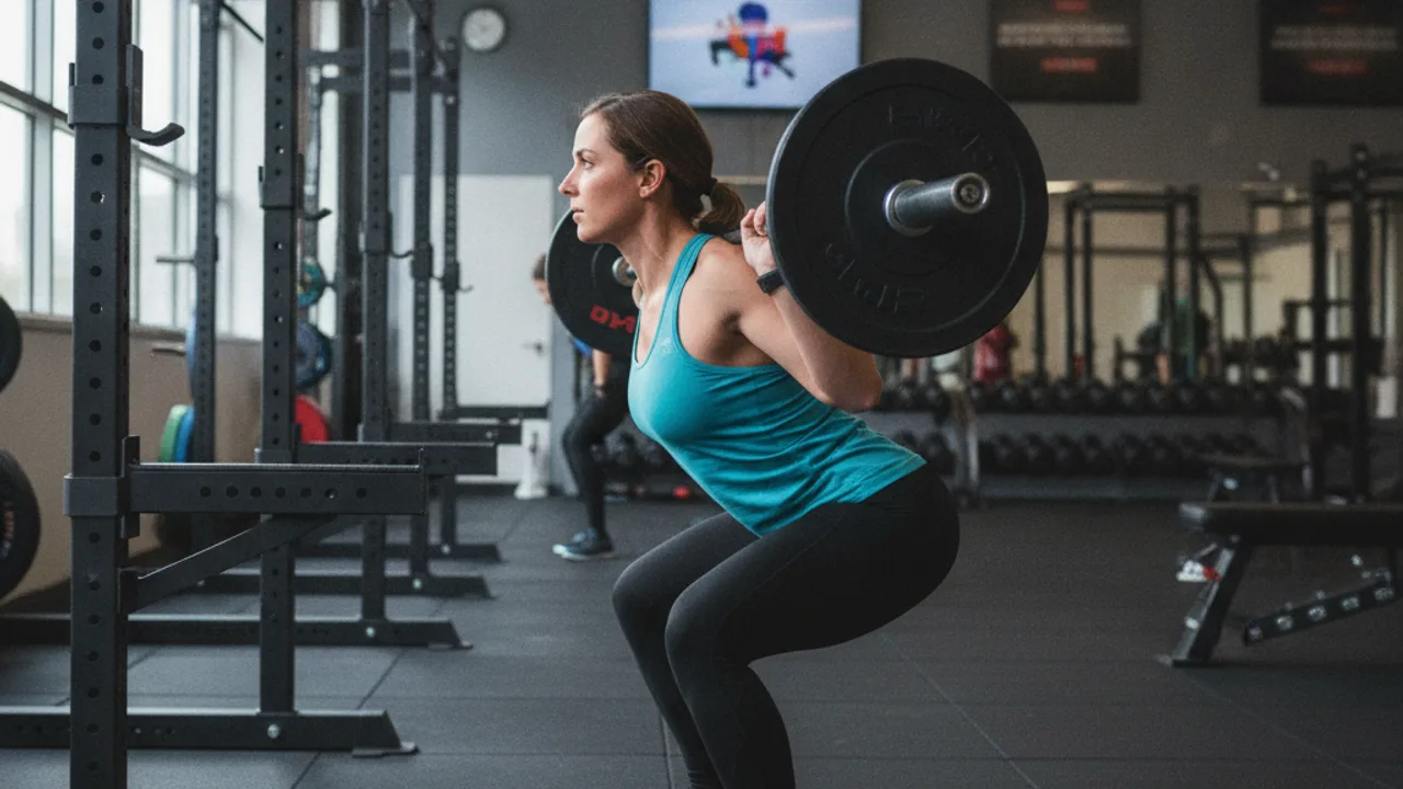 Pratiquant réalisant un squat barre en salle de musculation