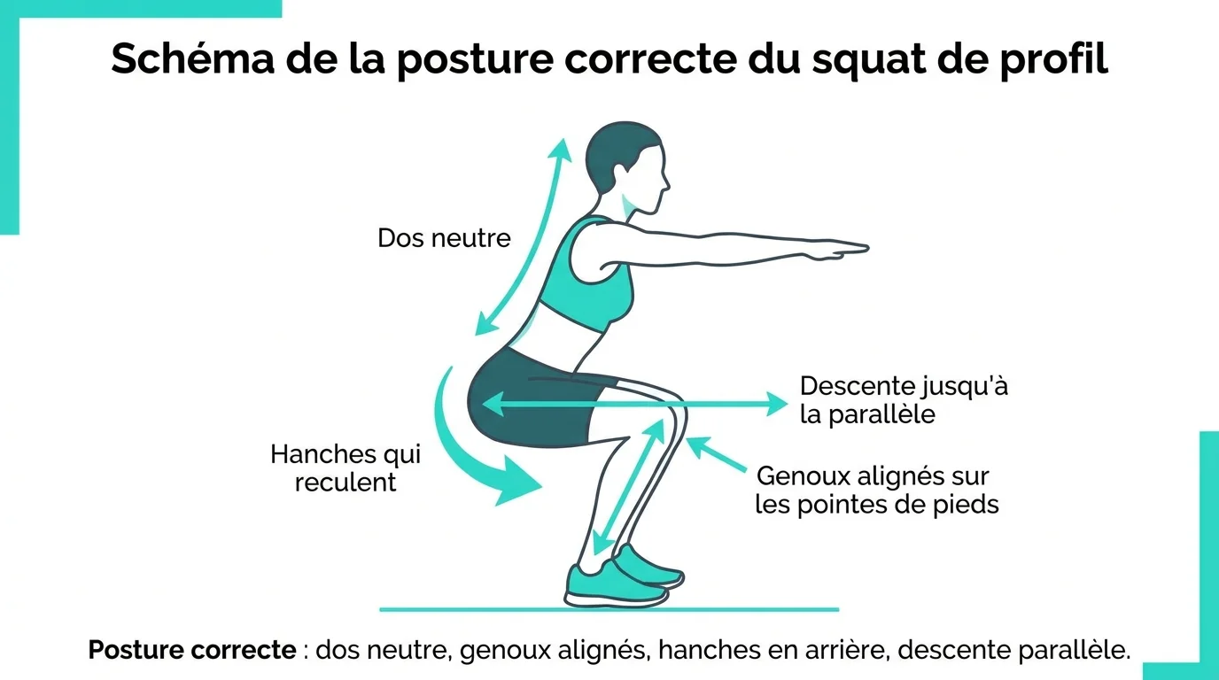 Schéma de la posture correcte du squat de profil