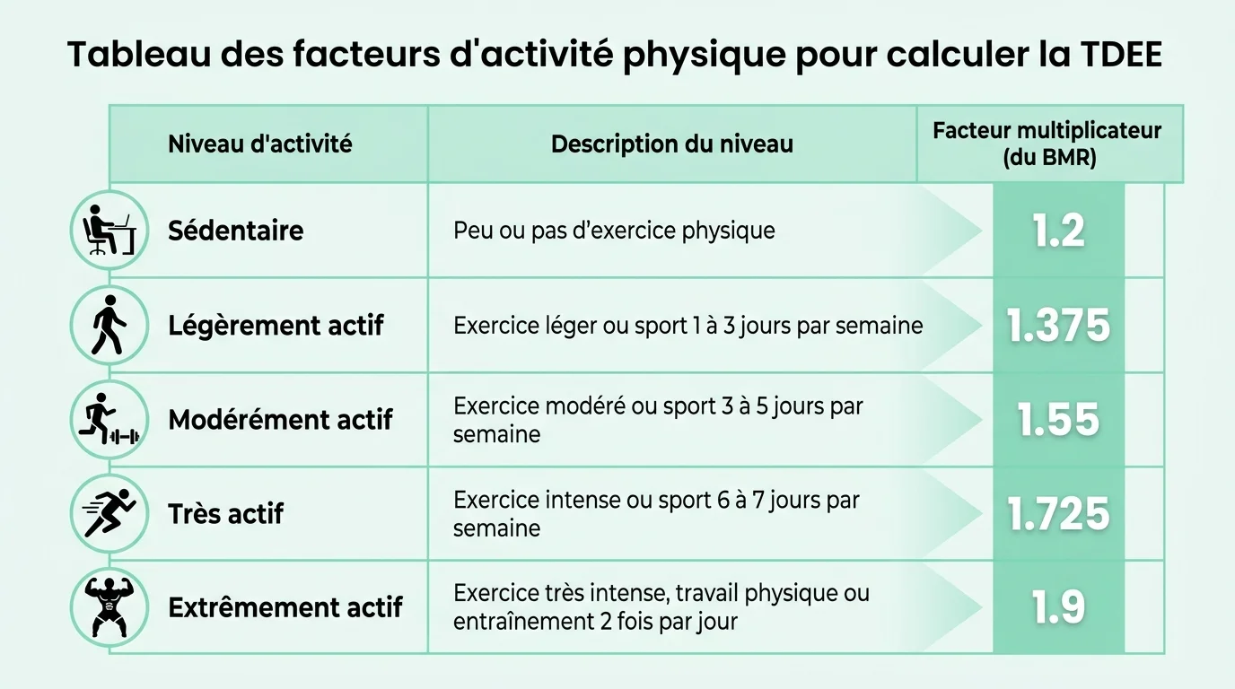 Tableau des facteurs d'activite physique pour calculer la TDEE