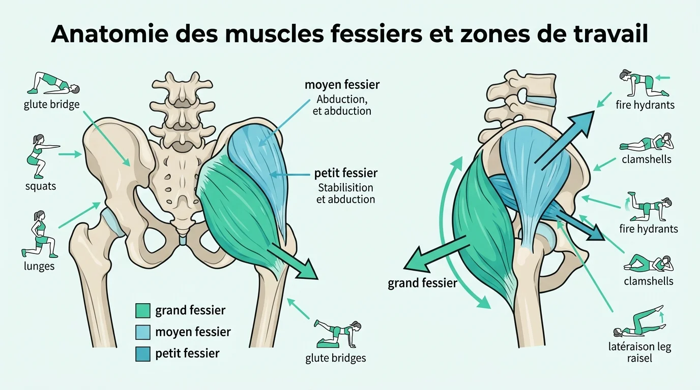 Anatomie des muscles fessiers et zones de travail