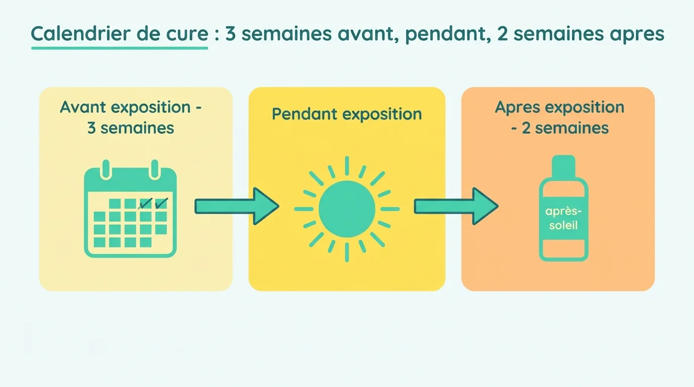 Calendrier de cure : 3 semaines avant, pendant, 2 semaines apres