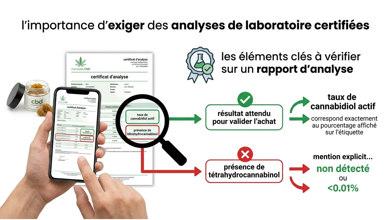 Infographie pédagogique expliquant comment lire un rapport de laboratoire pour la résine CBD.