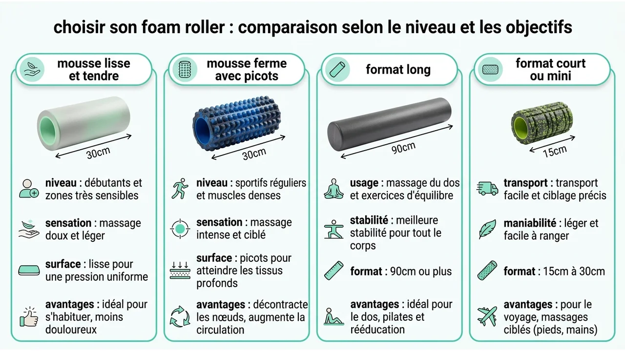 Tableau visuel comparant un rouleau lisse, un rouleau à picots, un format long et un format mini avec leurs bénéfices respectifs.