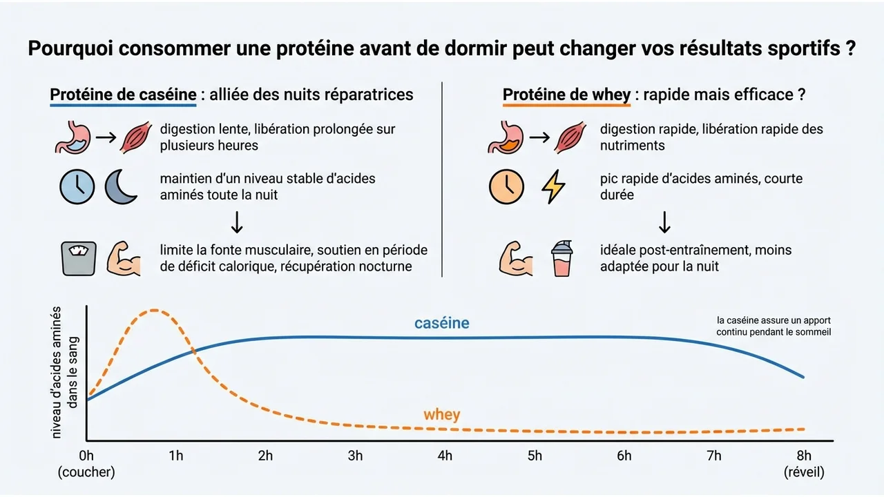 Graphique comparatif montrant la courbe de diffusion des acides aminés dans le sang : pic rapide pour la whey et plateau prolongé pour la caséine.