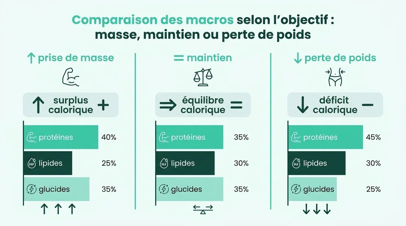 Comparaison des macros selon l'objectif : masse, maintien ou perte de poids
