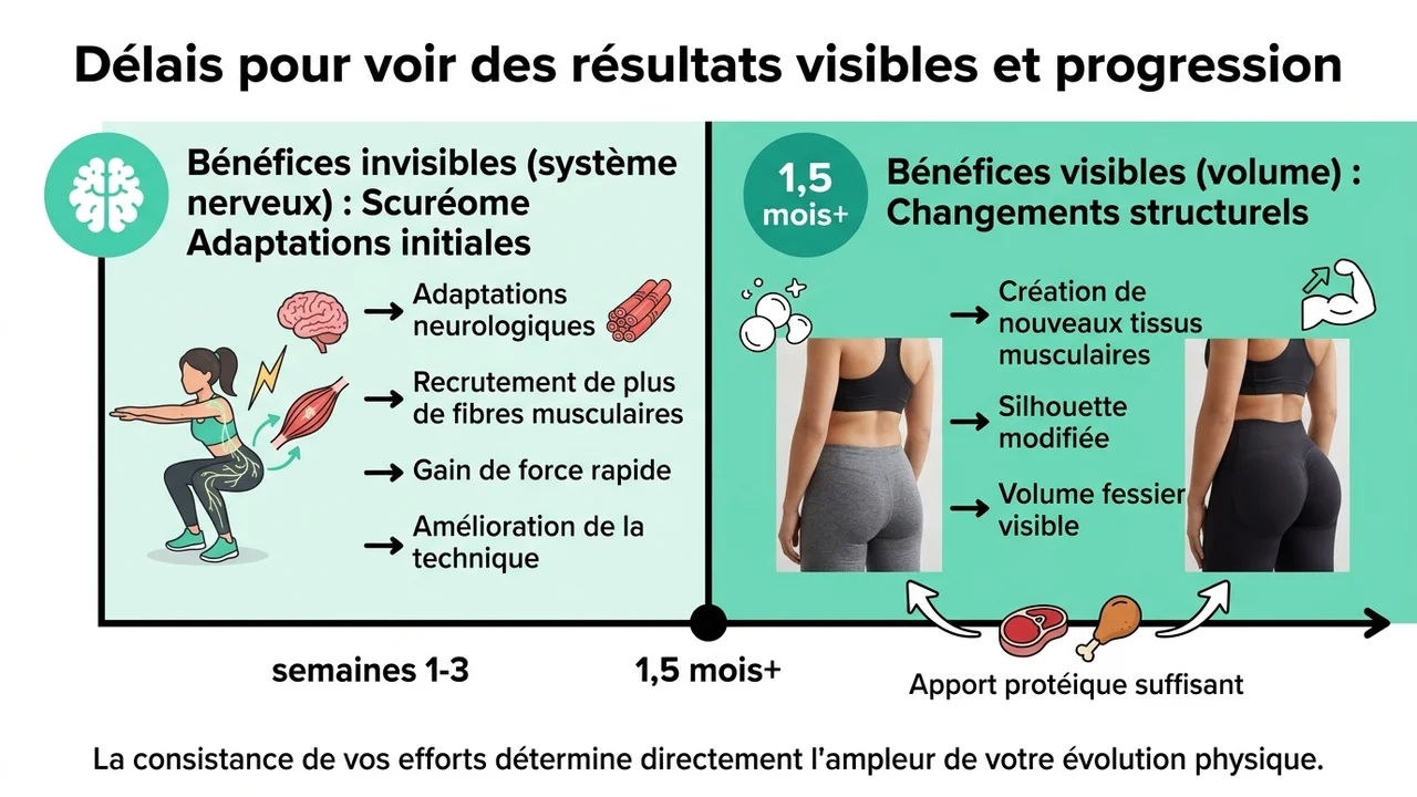 Ligne de temps expliquant les phases : adaptations nerveuses (0-3 semaines), gain de force (3-6 semaines) et hypertrophie visible (6 semaines+).