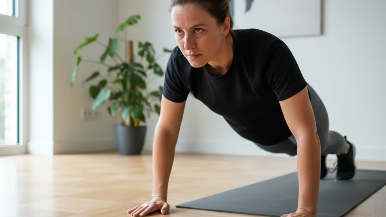 Pratiquant exécutant un burpee explosif dans un salon lumineux