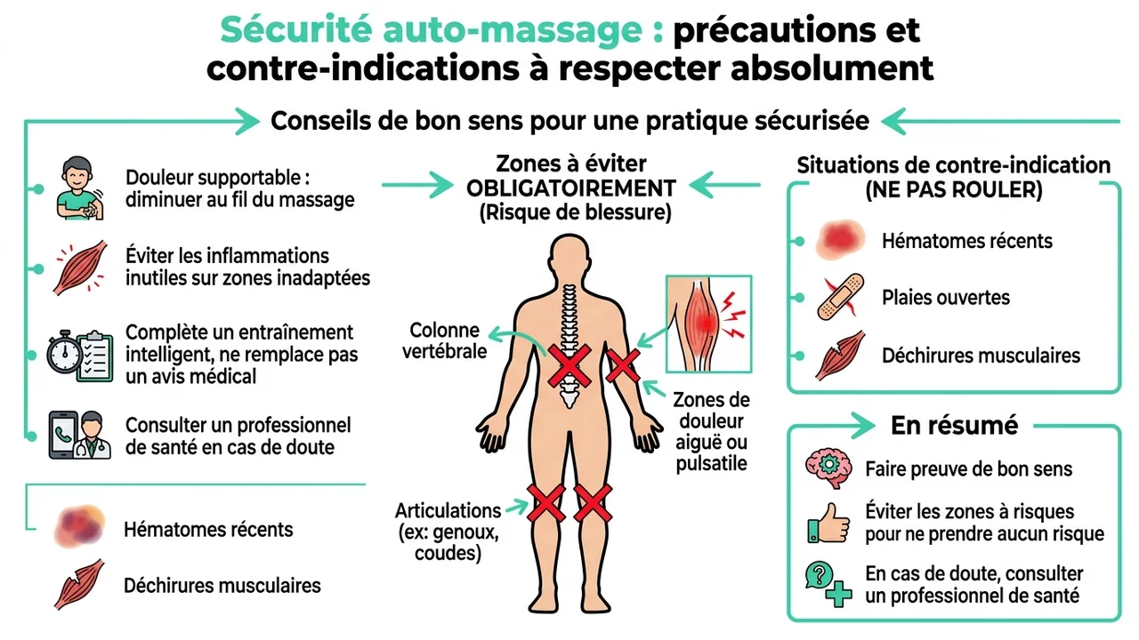 Schéma corporel indiquant par des symboles d'interdiction les zones à ne pas masser directement : colonne vertébrale, articulations et zones de douleurs aiguës.