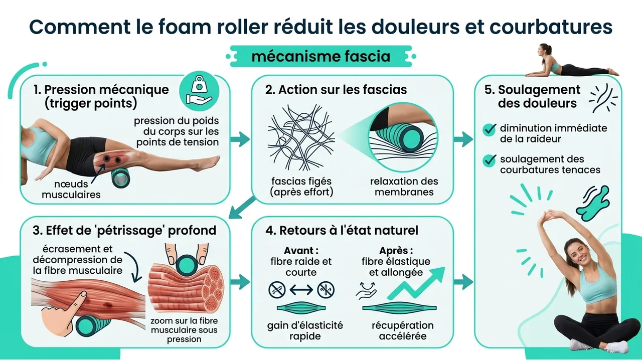 Infographie montrant la compression des tissus par le rouleau, le relâchement des fascias et l'amélioration de l'élasticité musculaire.