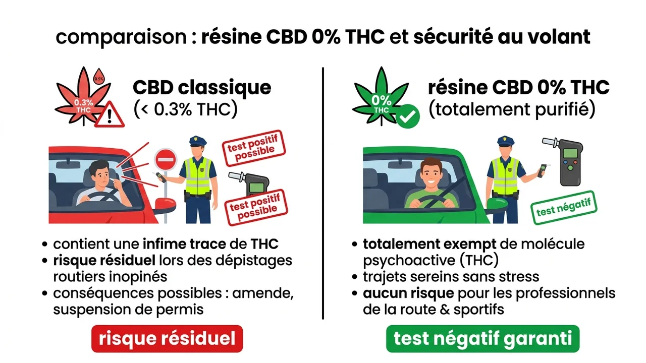 Tableau comparatif montrant le risque de test positif avec du CBD classique contenant des traces de THC versus la sécurité du CBD 0% THC.