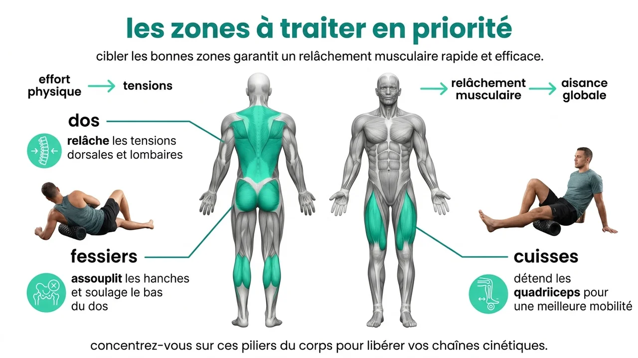 Schéma anatomique du corps humain mettant en évidence les cuisses, le dos, les fessiers et les mollets comme zones prioritaires pour le foam rolling.